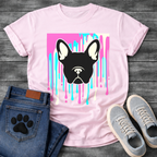 French Bulldog t-shirt with bold black Frenchie face portrait over a paint drip explosion in hot pink cyan and cream, graphic street art pop art style, no text, high impact multi-color graphic