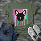 French Bulldog t-shirt with bold black Frenchie face portrait over a paint drip explosion in hot pink cyan and cream, graphic street art pop art style, no text, high impact multi-color graphic