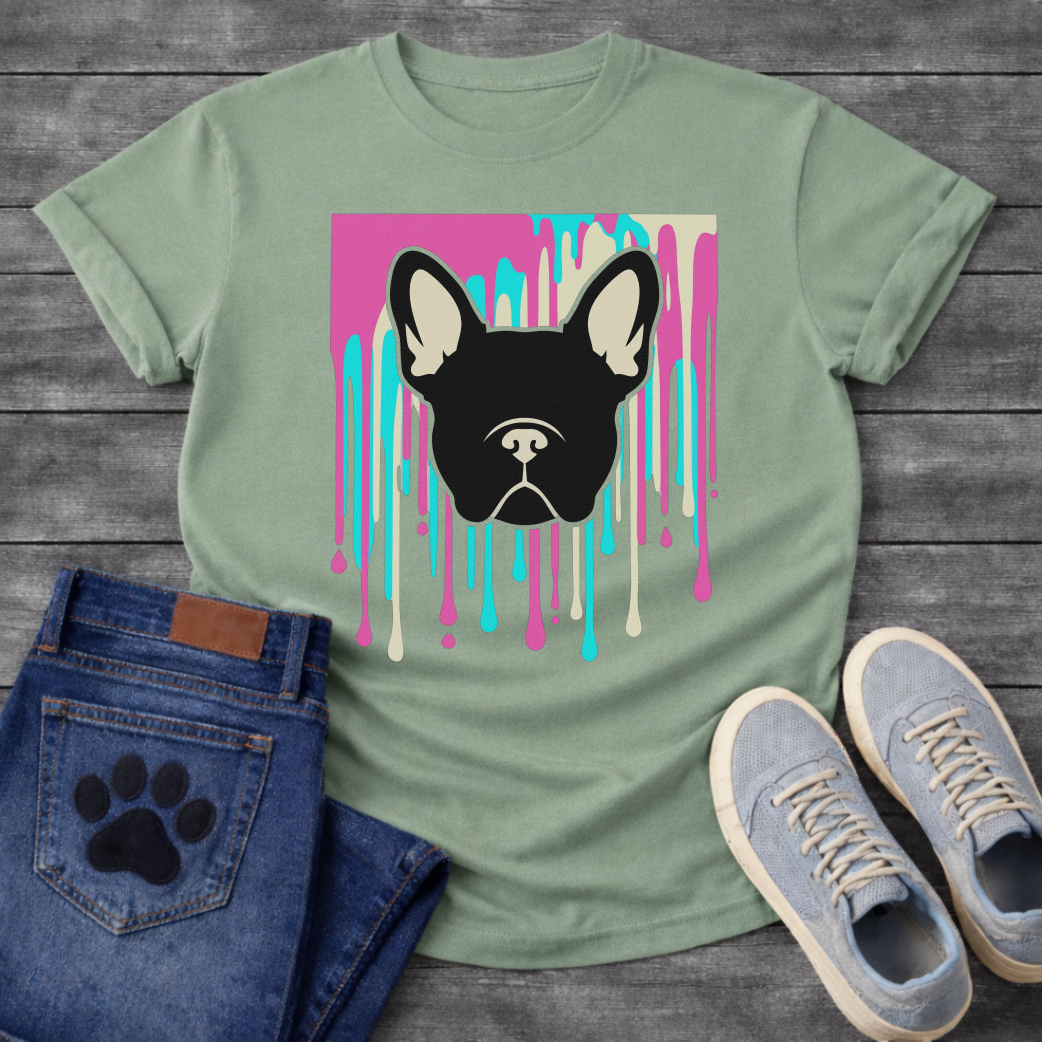 French Bulldog t-shirt with bold black Frenchie face portrait over a paint drip explosion in hot pink cyan and cream, graphic street art pop art style, no text, high impact multi-color graphic