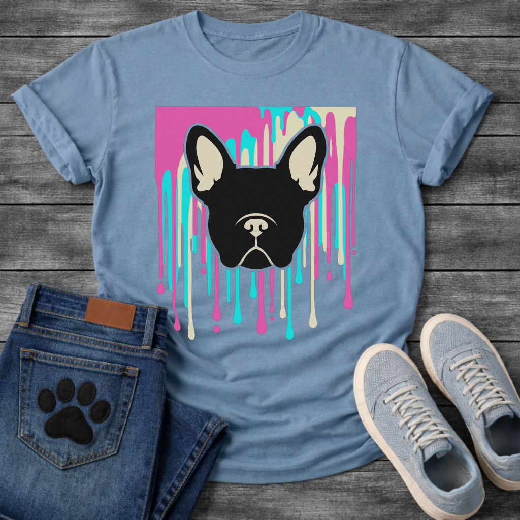French Bulldog t-shirt with bold black Frenchie face portrait over a paint drip explosion in hot pink cyan and cream, graphic street art pop art style, no text, high impact multi-color graphic