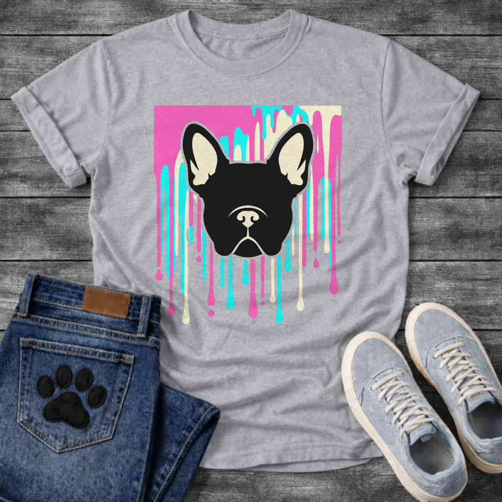 French Bulldog t-shirt with bold black Frenchie face portrait over a paint drip explosion in hot pink cyan and cream, graphic street art pop art style, no text, high impact multi-color graphic