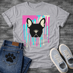 French Bulldog t-shirt with bold black Frenchie face portrait over a paint drip explosion in hot pink cyan and cream, graphic street art pop art style, no text, high impact multi-color graphic