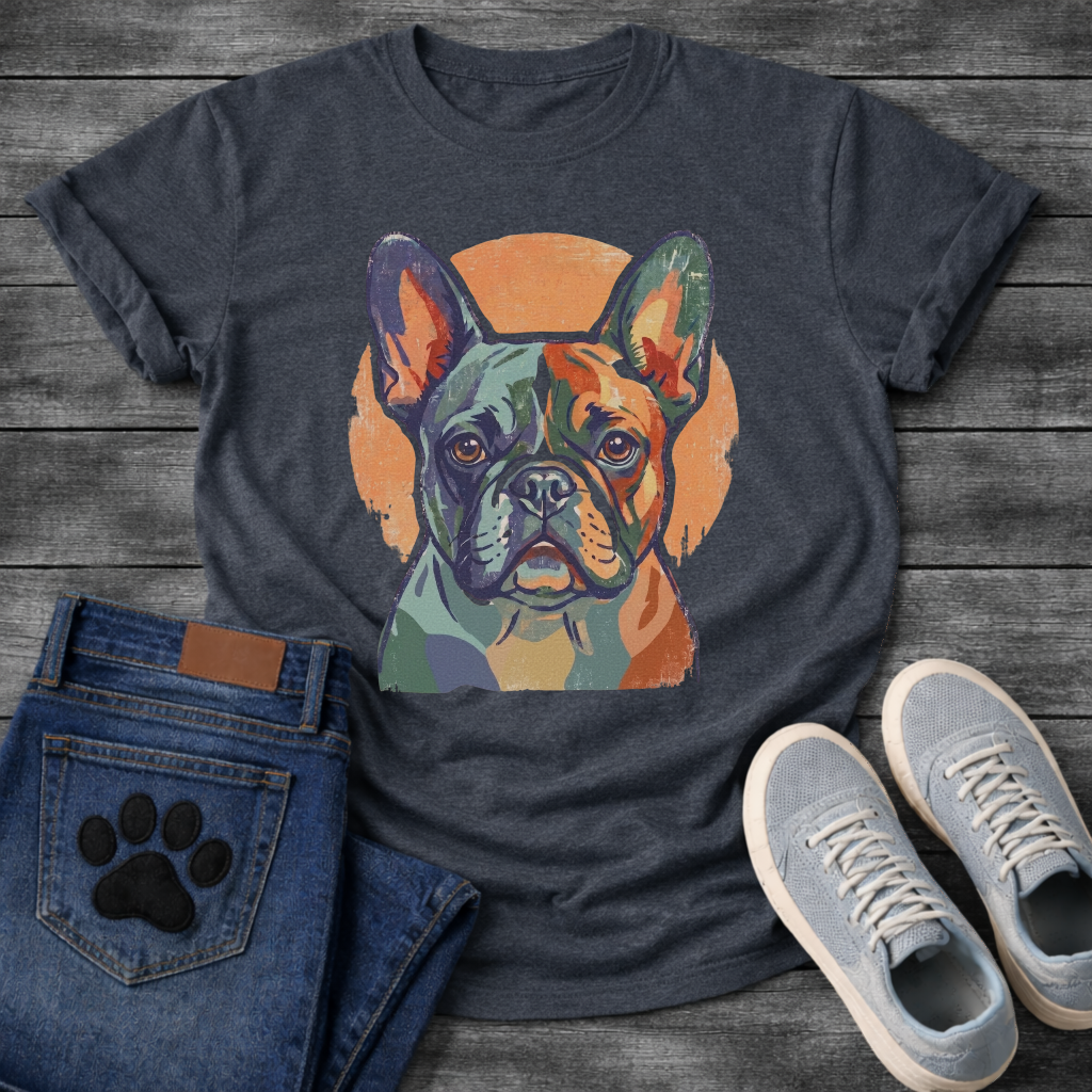 French Bulldog painterly portrait with orange circle background graphic tee