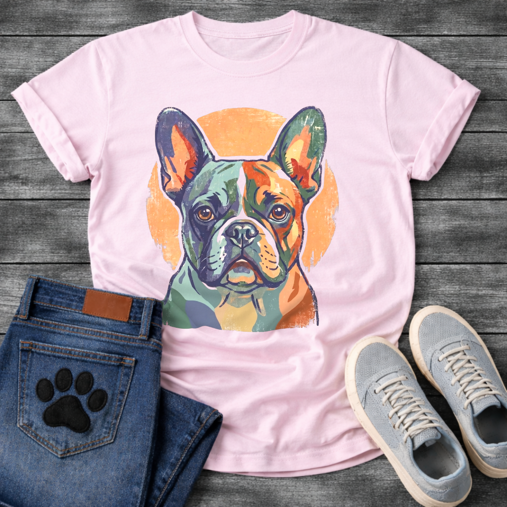 French Bulldog painterly portrait with orange circle background graphic tee