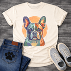 French Bulldog painterly portrait with orange circle background graphic tee