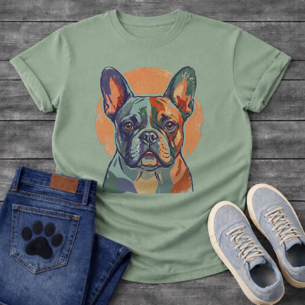 French Bulldog painterly portrait with orange circle background graphic tee