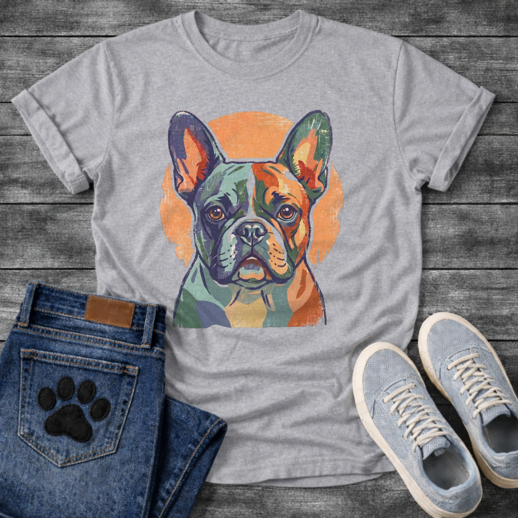 French Bulldog painterly portrait with orange circle background graphic tee