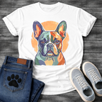 French Bulldog painterly portrait with orange circle background graphic tee