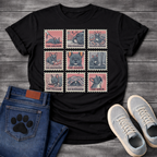 Nine French Bulldog personality stamp grid graphic tee showing The Anchor Chainsaw Sock Hoarder Destroyer Judger Shadow Vacuum Burrower and Siren