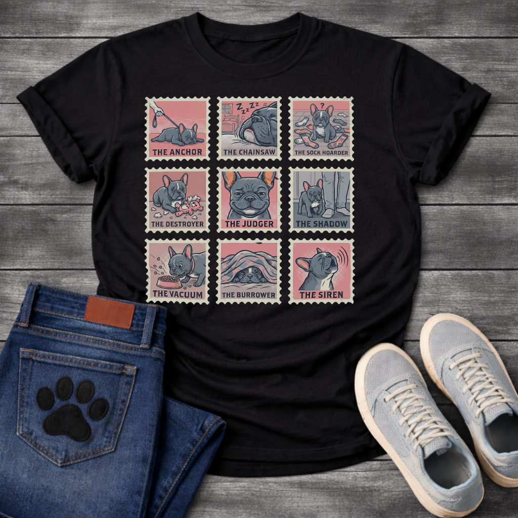 Nine French Bulldog personality stamp grid graphic tee showing The Anchor Chainsaw Sock Hoarder Destroyer Judger Shadow Vacuum Burrower and Siren
