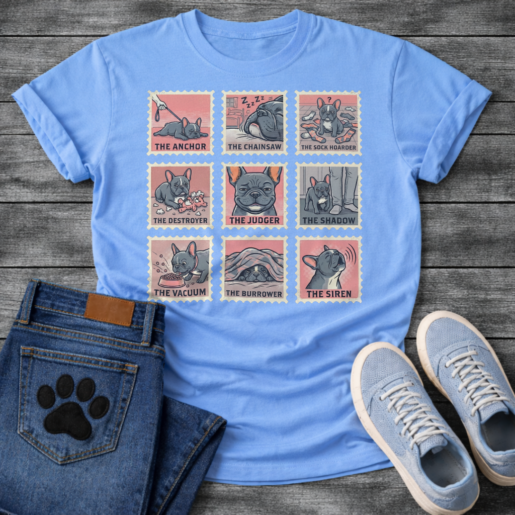 Nine French Bulldog personality stamp grid graphic tee showing The Anchor Chainsaw Sock Hoarder Destroyer Judger Shadow Vacuum Burrower and Siren