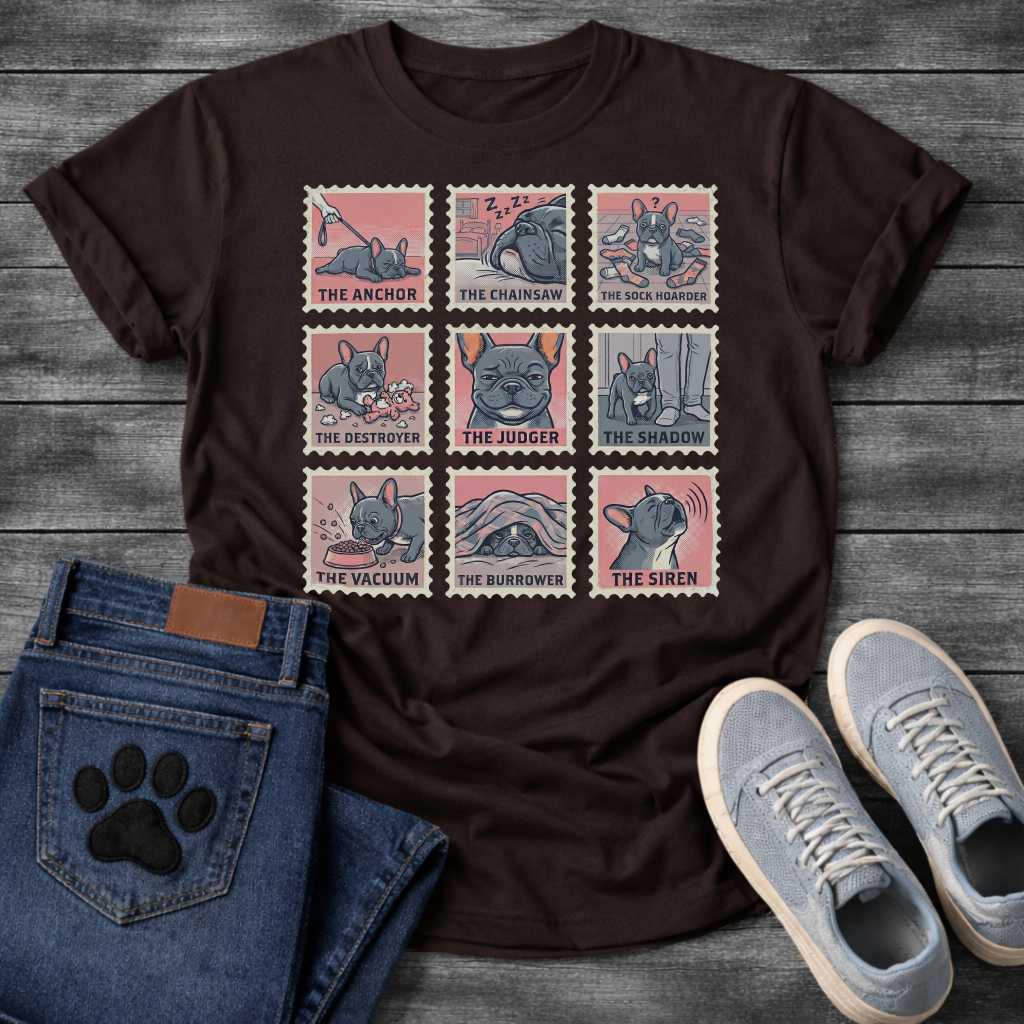 Nine French Bulldog personality stamp grid graphic tee showing The Anchor Chainsaw Sock Hoarder Destroyer Judger Shadow Vacuum Burrower and Siren
