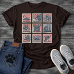 Nine French Bulldog personality stamp grid graphic tee showing The Anchor Chainsaw Sock Hoarder Destroyer Judger Shadow Vacuum Burrower and Siren