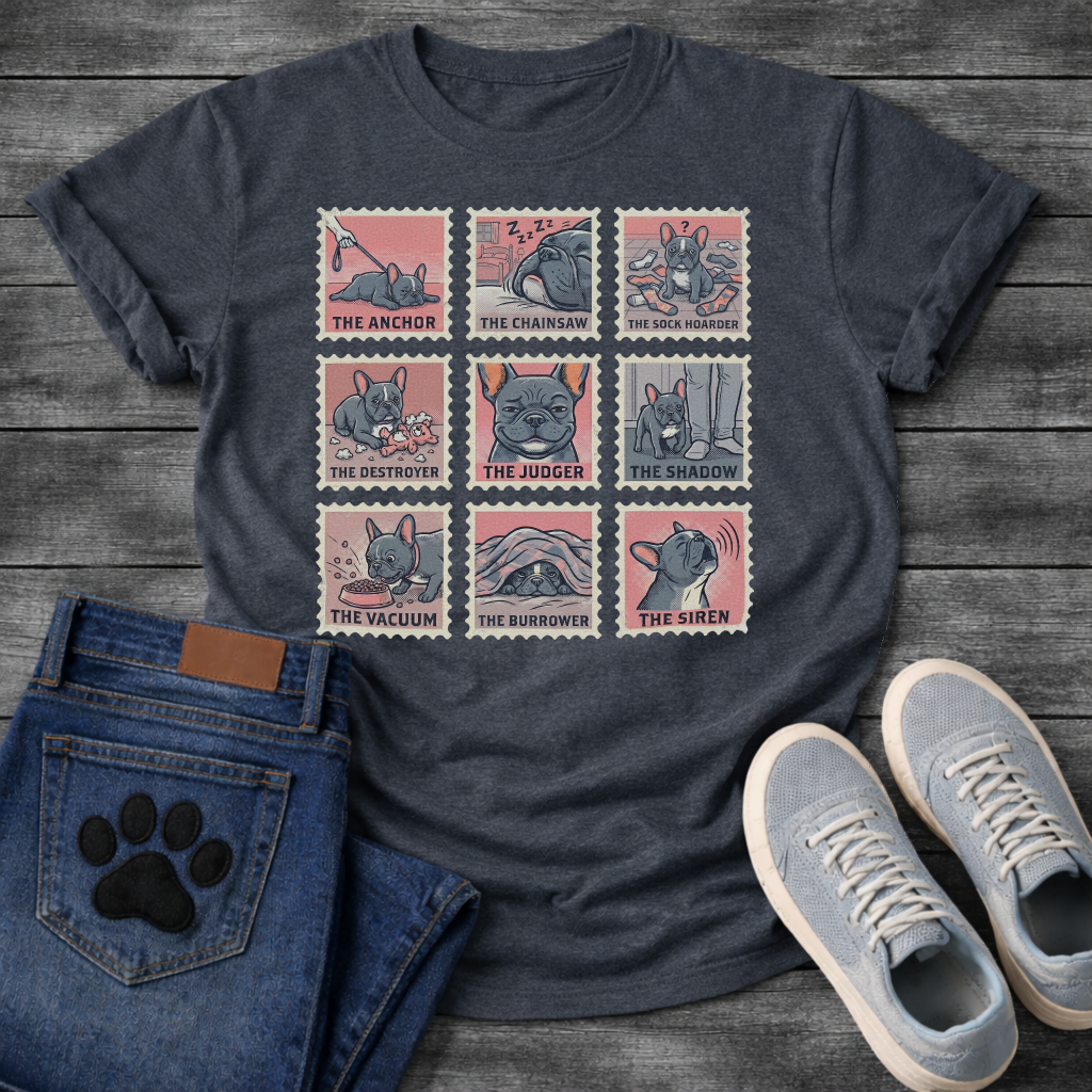 Nine French Bulldog personality stamp grid graphic tee showing The Anchor Chainsaw Sock Hoarder Destroyer Judger Shadow Vacuum Burrower and Siren