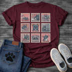 Nine French Bulldog personality stamp grid graphic tee showing The Anchor Chainsaw Sock Hoarder Destroyer Judger Shadow Vacuum Burrower and Siren