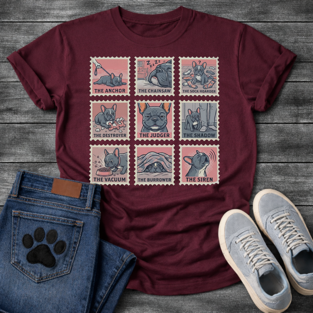 Nine French Bulldog personality stamp grid graphic tee showing The Anchor Chainsaw Sock Hoarder Destroyer Judger Shadow Vacuum Burrower and Siren