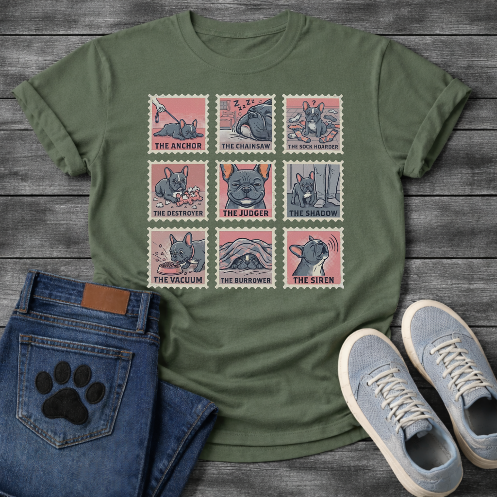Nine French Bulldog personality stamp grid graphic tee showing The Anchor Chainsaw Sock Hoarder Destroyer Judger Shadow Vacuum Burrower and Siren