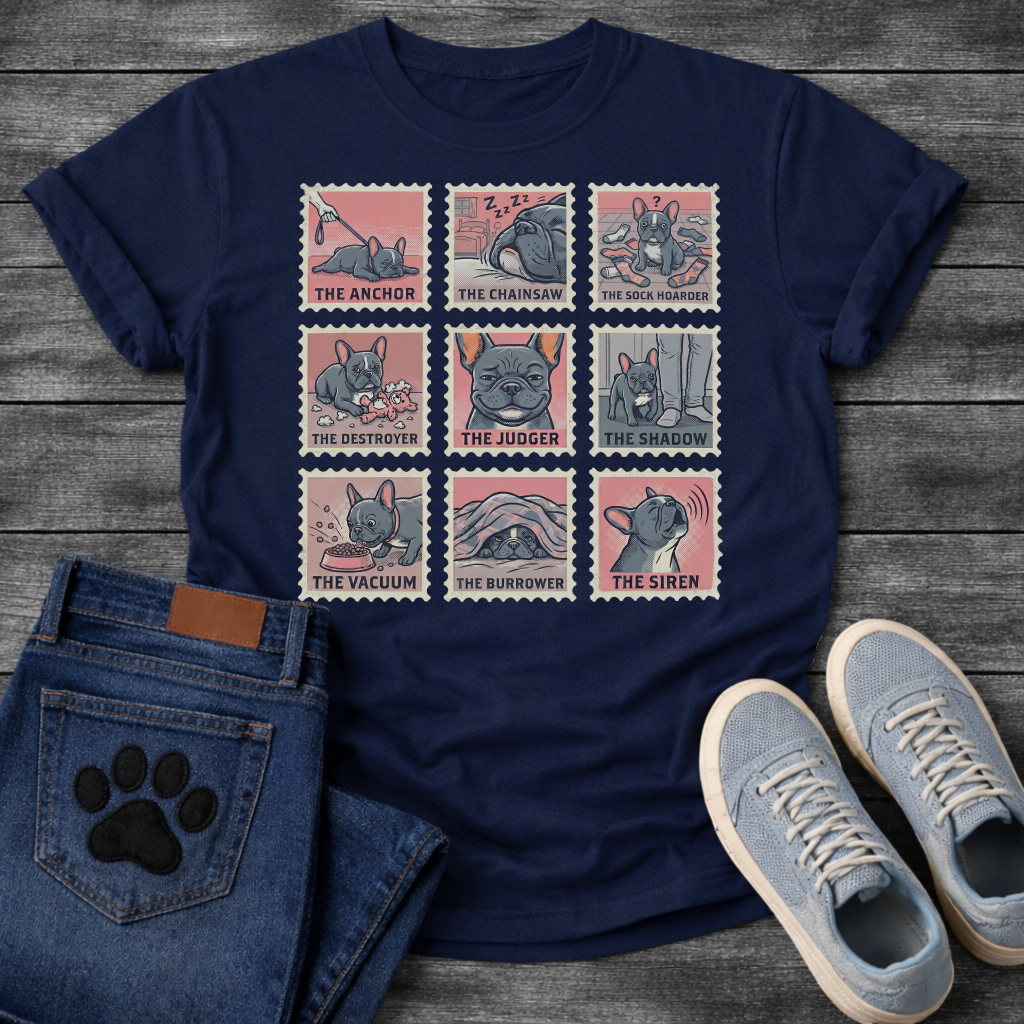 Nine French Bulldog personality stamp grid graphic tee showing The Anchor Chainsaw Sock Hoarder Destroyer Judger Shadow Vacuum Burrower and Siren