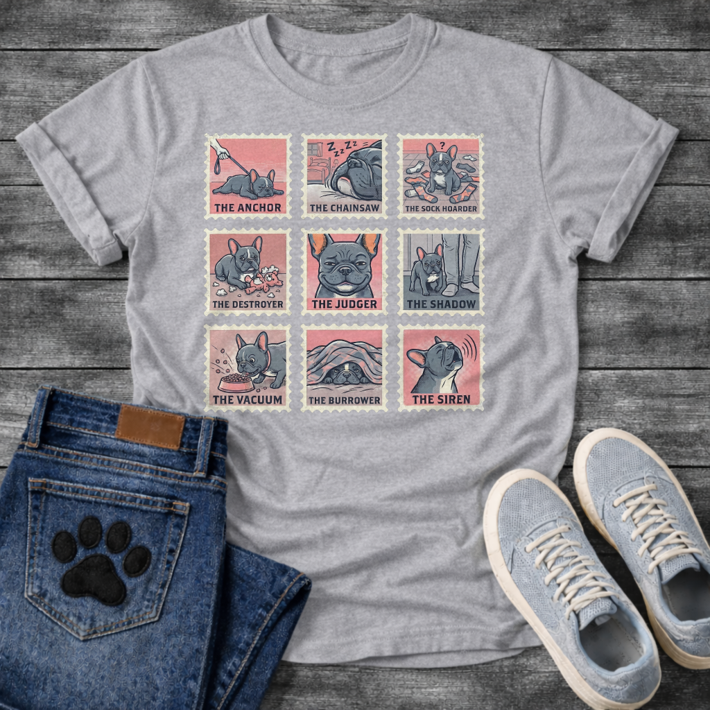 Nine French Bulldog personality stamp grid graphic tee showing The Anchor Chainsaw Sock Hoarder Destroyer Judger Shadow Vacuum Burrower and Siren