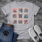 Nine French Bulldog personality stamp grid graphic tee showing The Anchor Chainsaw Sock Hoarder Destroyer Judger Shadow Vacuum Burrower and Siren