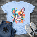 French Bulldog colorful pop art illustration with paint splash and graphic marks graphic tee