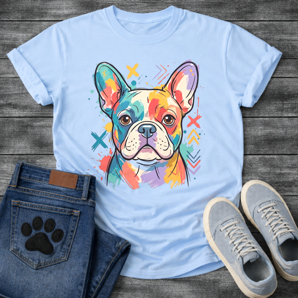 French Bulldog colorful pop art illustration with paint splash and graphic marks graphic tee