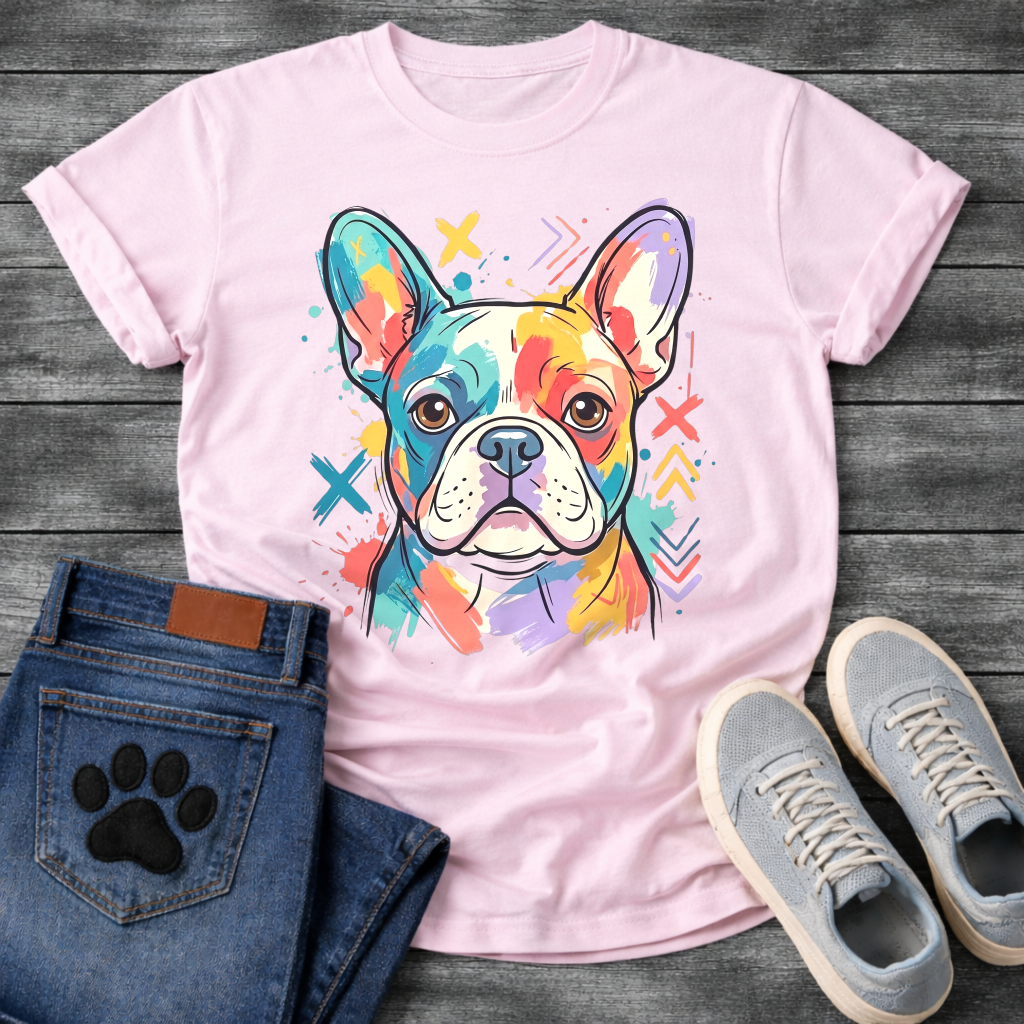 French Bulldog colorful pop art illustration with paint splash and graphic marks graphic tee
