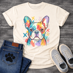 French Bulldog colorful pop art illustration with paint splash and graphic marks graphic tee