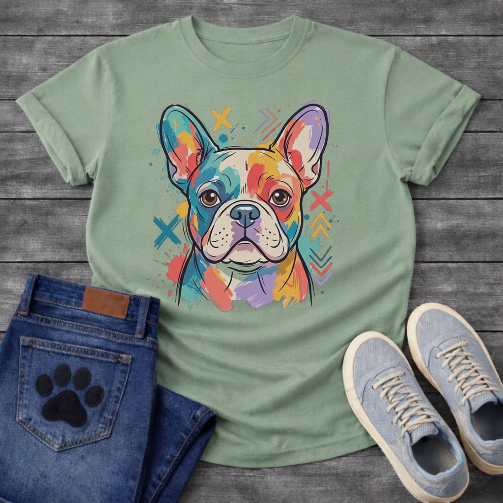French Bulldog colorful pop art illustration with paint splash and graphic marks graphic tee
