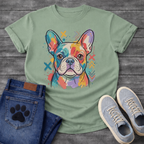 French Bulldog colorful pop art illustration with paint splash and graphic marks graphic tee