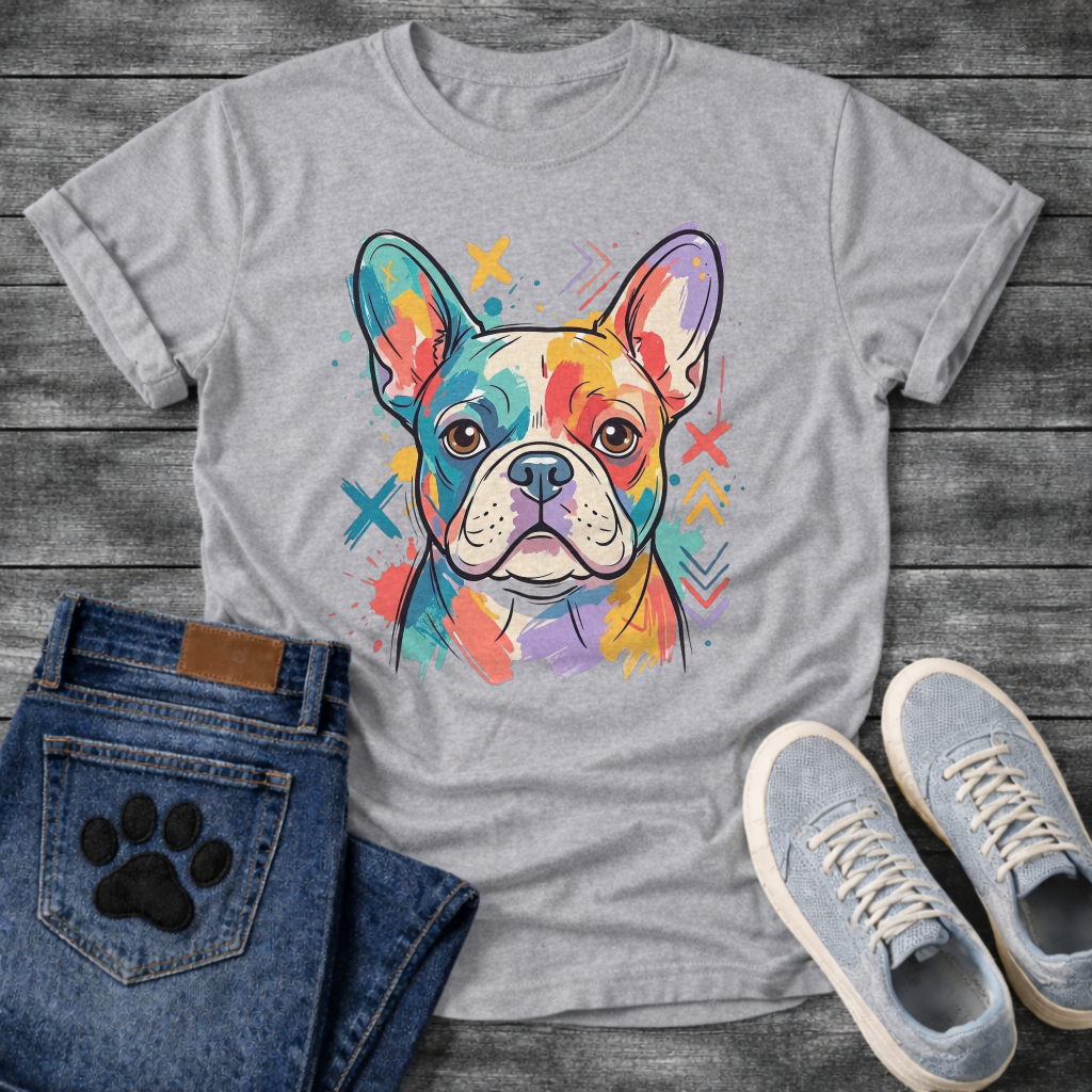 French Bulldog colorful pop art illustration with paint splash and graphic marks graphic tee
