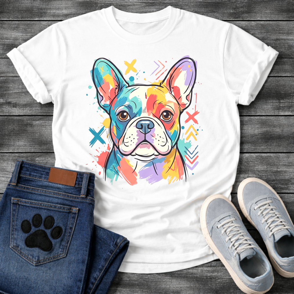 French Bulldog colorful pop art illustration with paint splash and graphic marks graphic tee