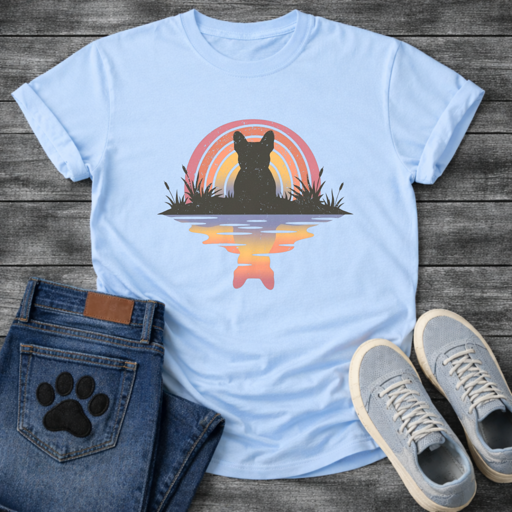 Frenchie rainbow reflection silhouette marsh retro t-shirt sage pink orange pet lover apparel