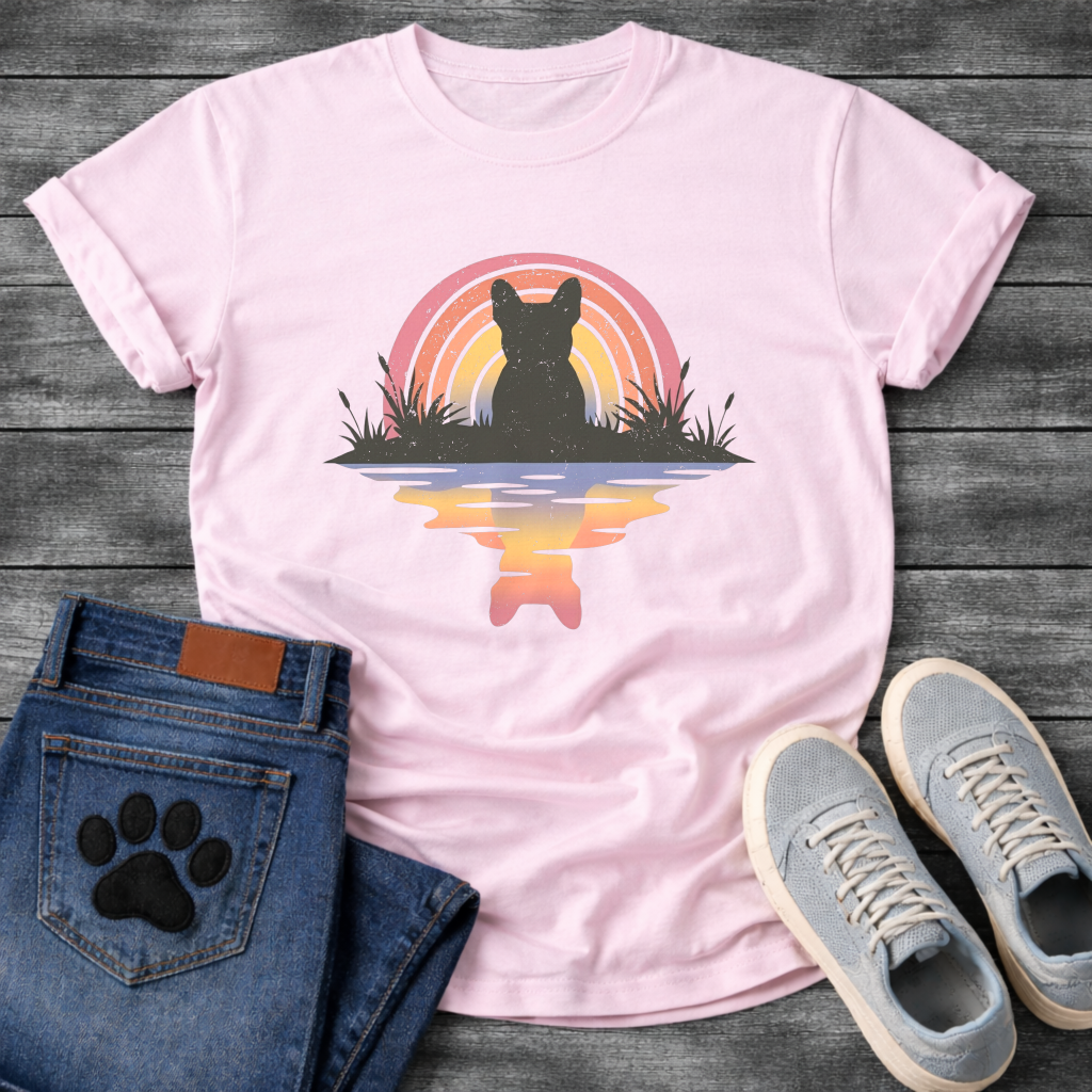 Frenchie rainbow reflection silhouette marsh retro t-shirt sage pink orange pet lover apparel