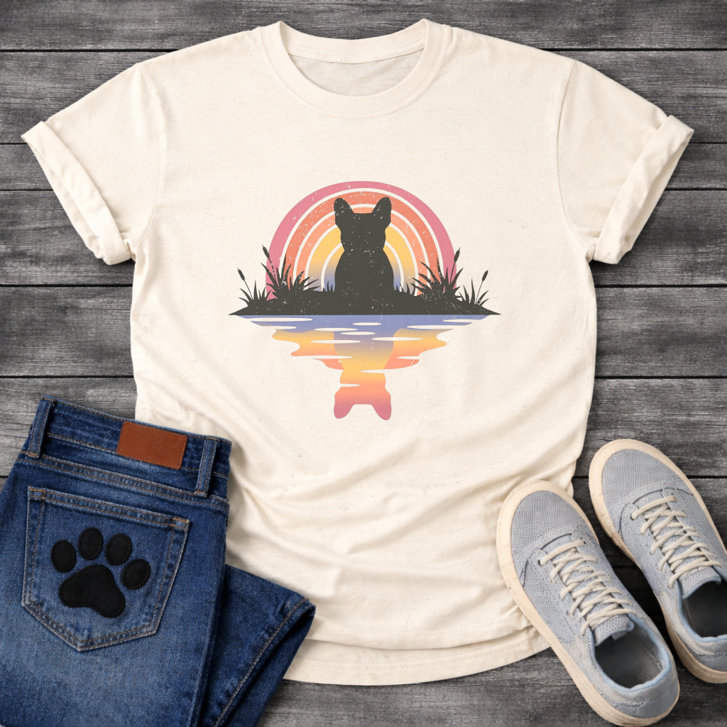 Frenchie rainbow reflection silhouette marsh retro t-shirt sage pink orange pet lover apparel