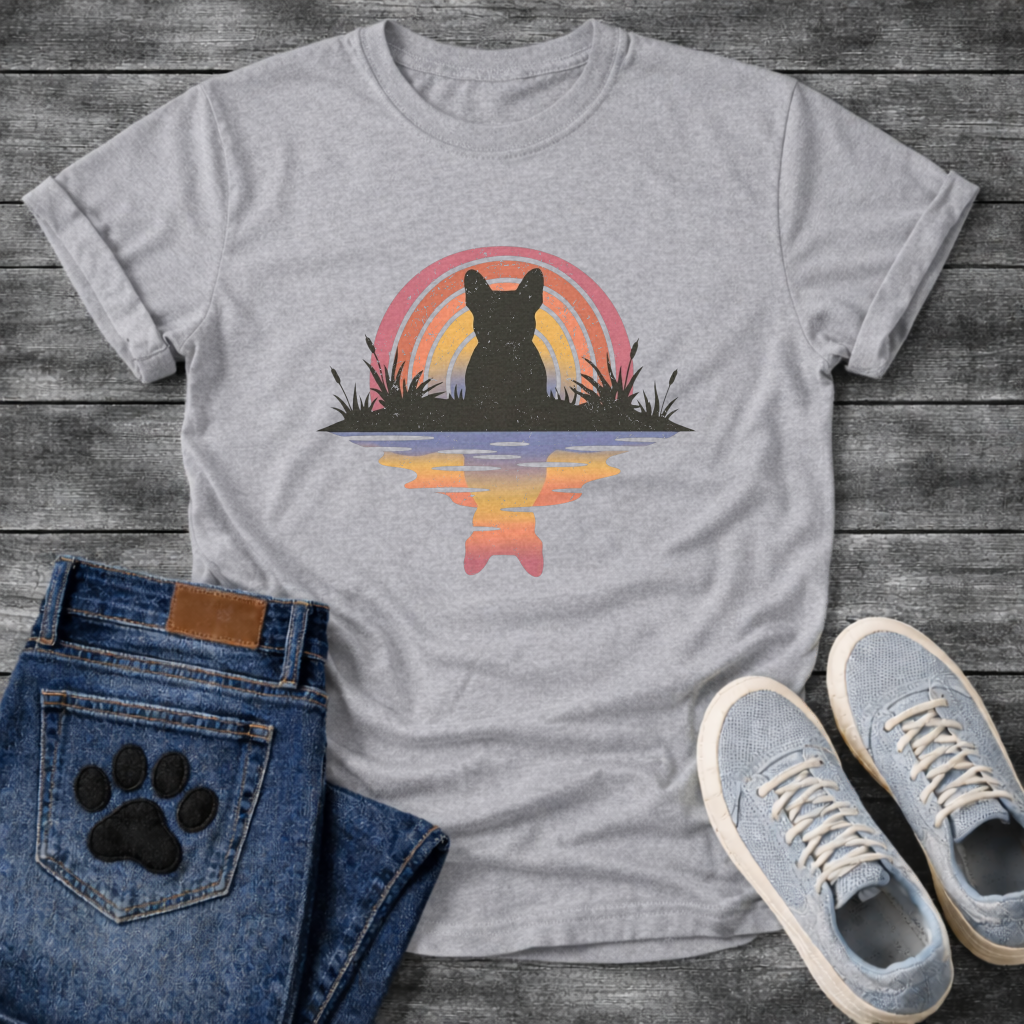 Frenchie rainbow reflection silhouette marsh retro t-shirt sage pink orange pet lover apparel