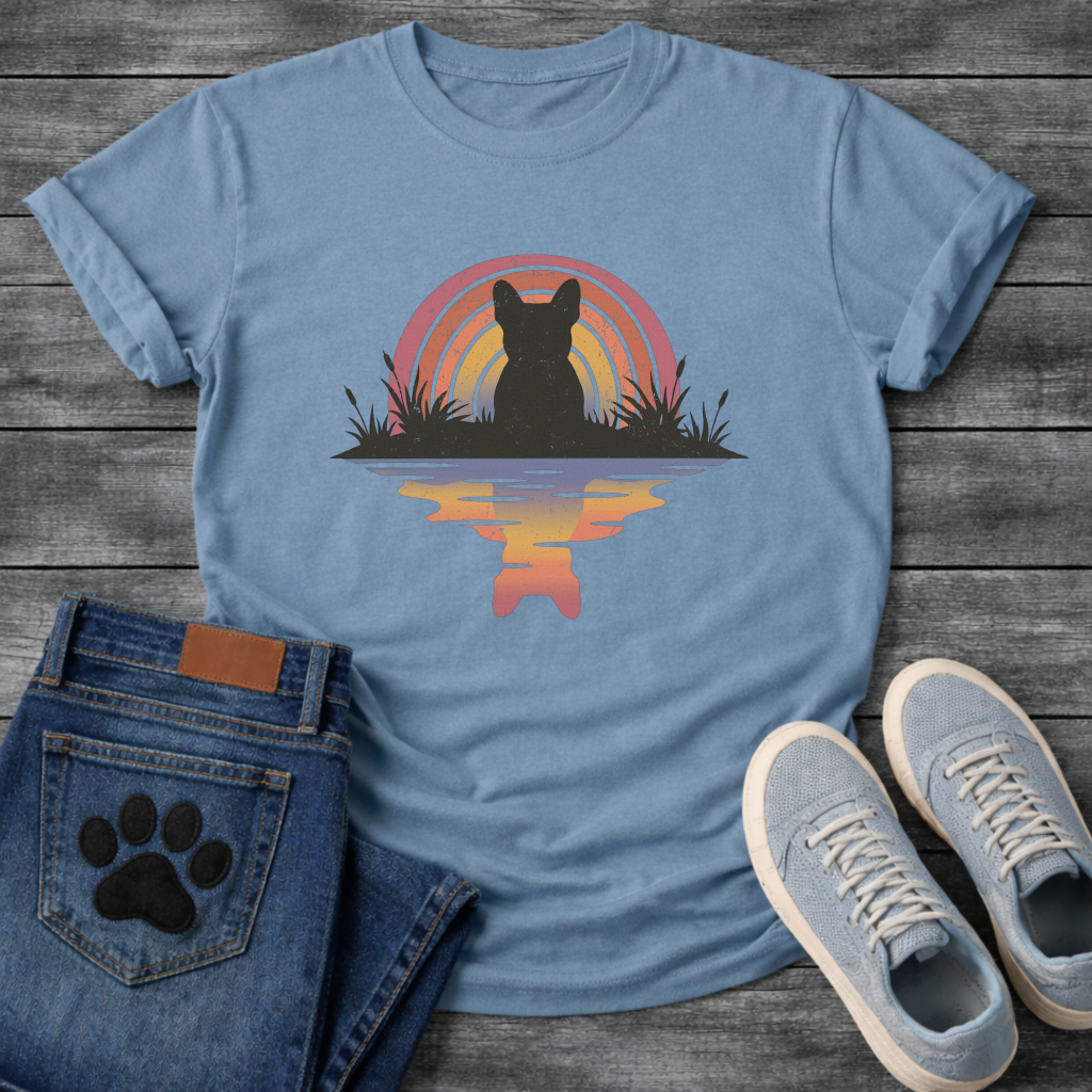 Frenchie rainbow reflection silhouette marsh retro t-shirt sage pink orange pet lover apparel