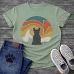 French Bulldog t-shirt with Frenchie silhouette seen from behind centered in a large retro wavy swirl circle, flowing bands of teal terracotta orange gold and cream with distressed vintage texture, no text, painterly boho graphic