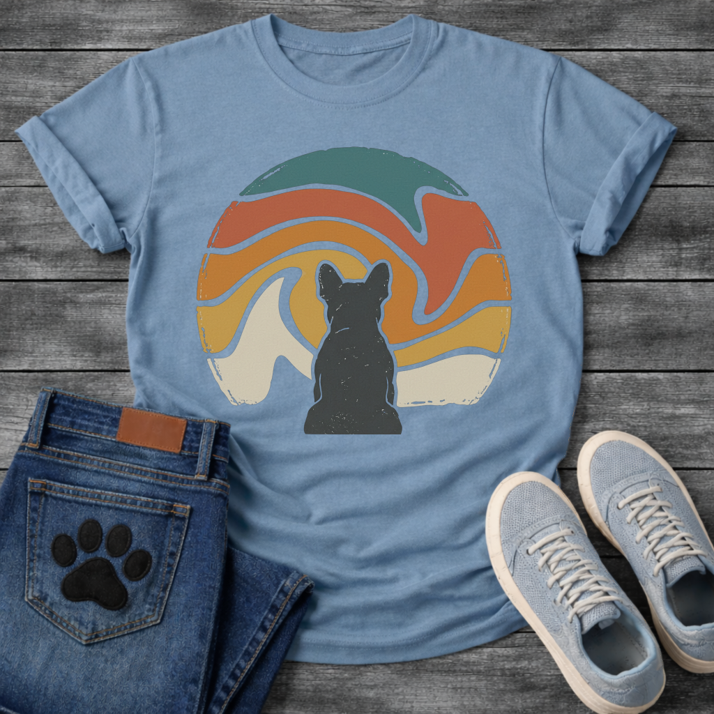 French Bulldog t-shirt with Frenchie silhouette seen from behind centered in a large retro wavy swirl circle, flowing bands of teal terracotta orange gold and cream with distressed vintage texture, no text, painterly boho graphic