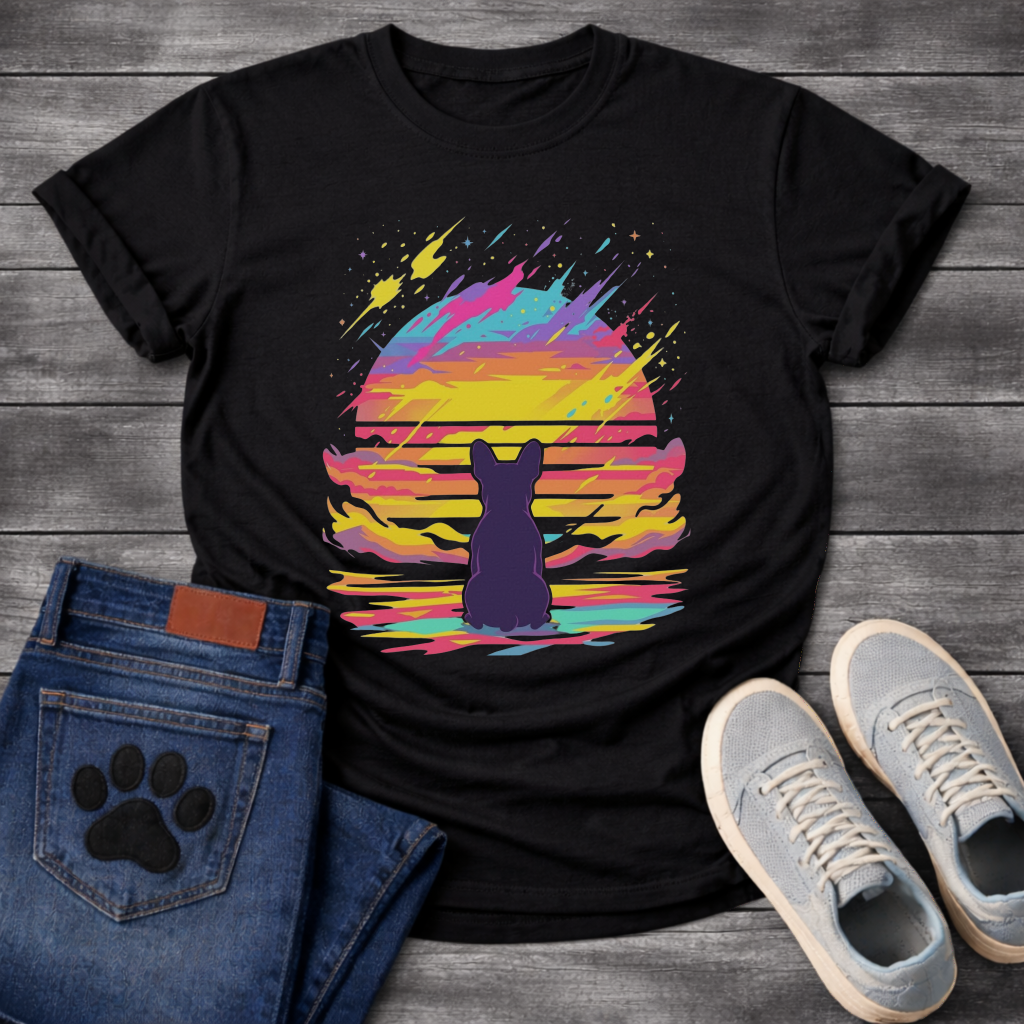 Frenchie retrowave cosmic sunset silhouette t-shirt black neon pet lover apparel funny dog shirt
