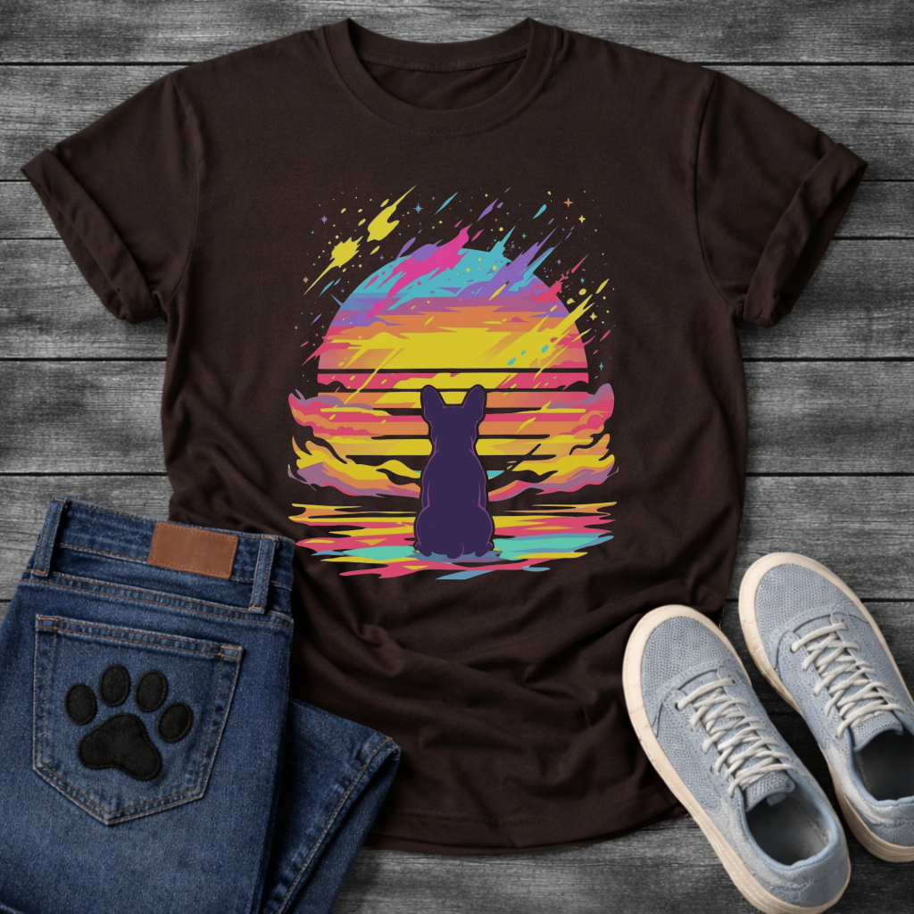 Frenchie retrowave cosmic sunset silhouette t-shirt black neon pet lover apparel funny dog shirt
