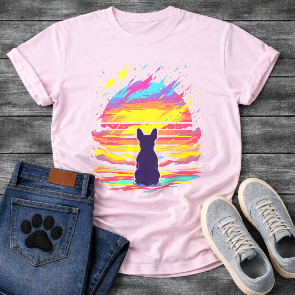 Frenchie retrowave cosmic sunset silhouette t-shirt black neon pet lover apparel funny dog shirt
