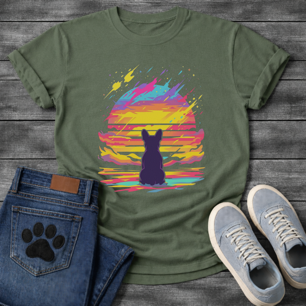 Frenchie retrowave cosmic sunset silhouette t-shirt black neon pet lover apparel funny dog shirt
