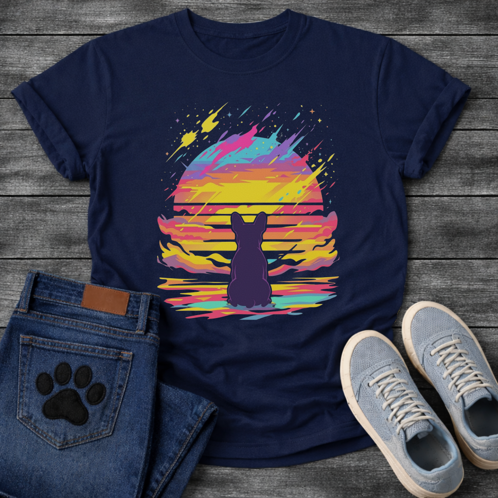 Frenchie retrowave cosmic sunset silhouette t-shirt black neon pet lover apparel funny dog shirt
