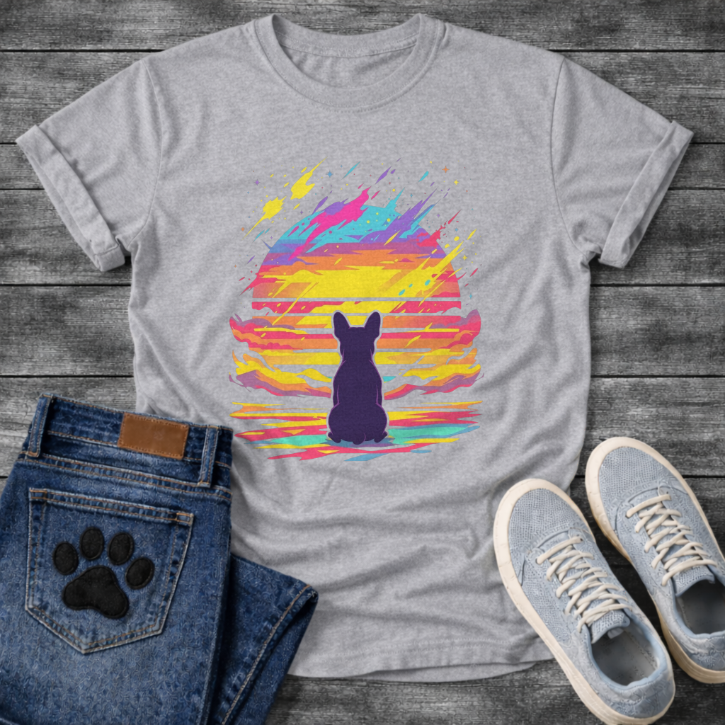 Frenchie retrowave cosmic sunset silhouette t-shirt black neon pet lover apparel funny dog shirt
