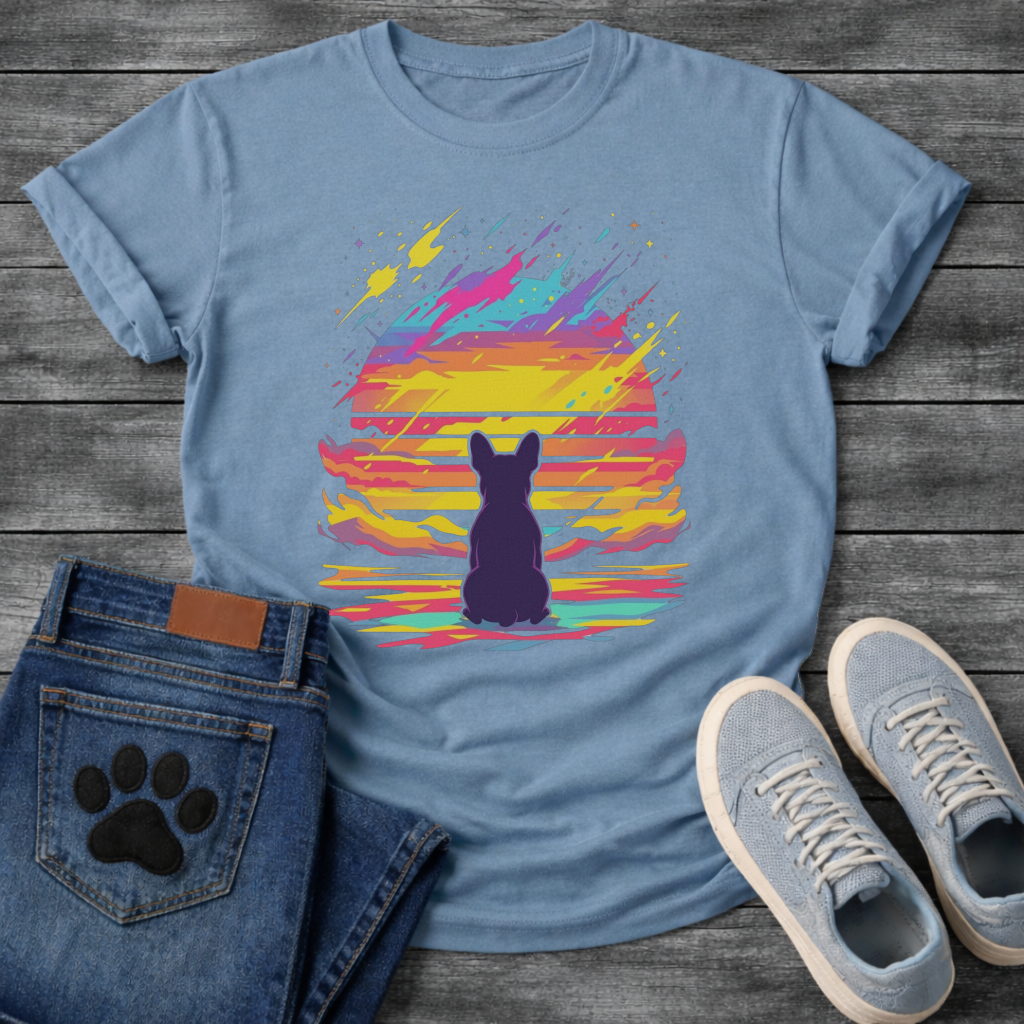 Frenchie retrowave cosmic sunset silhouette t-shirt black neon pet lover apparel funny dog shirt
