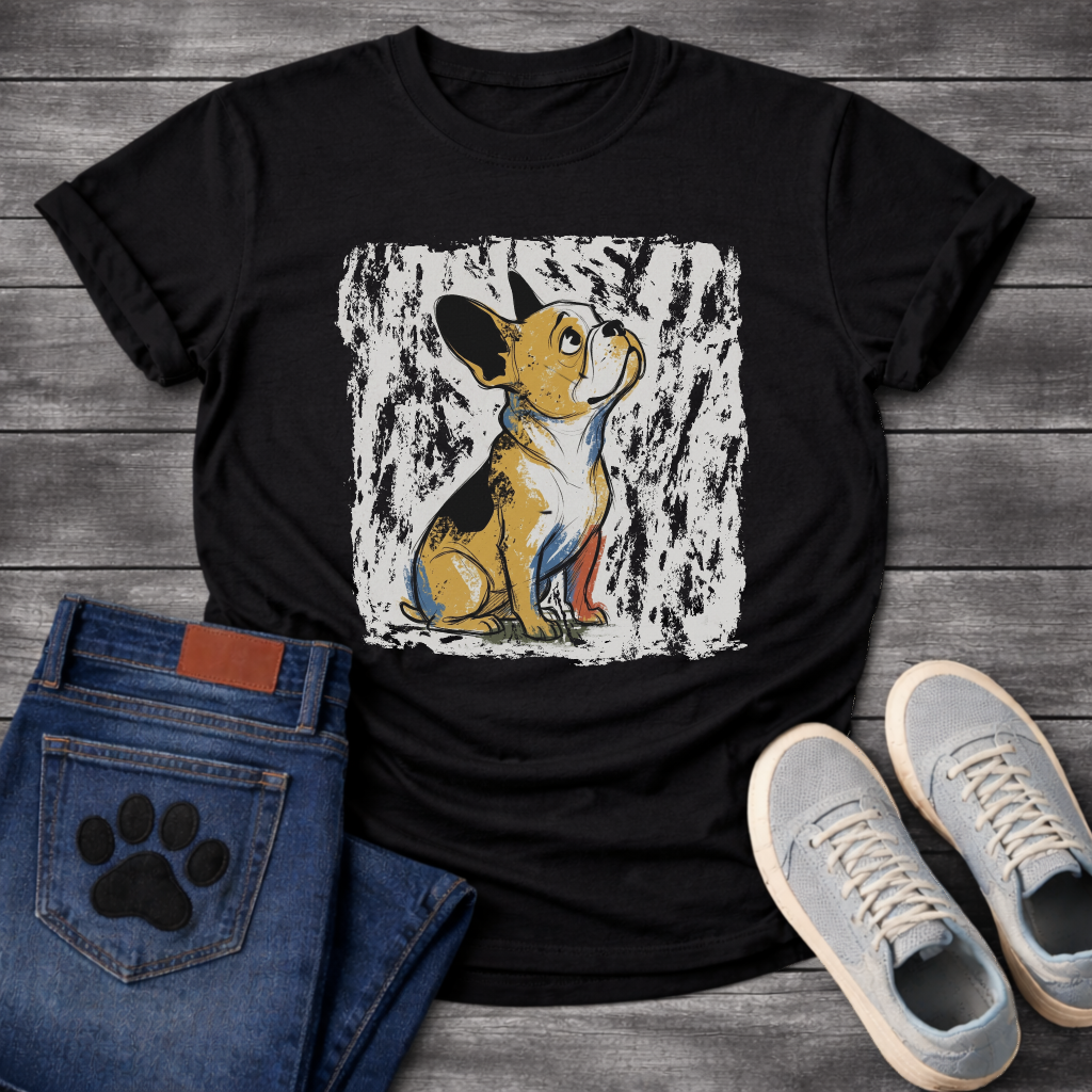 French Bulldog painterly sketch illustration with gold black and blue brush strokes on a textured grunge background tee
