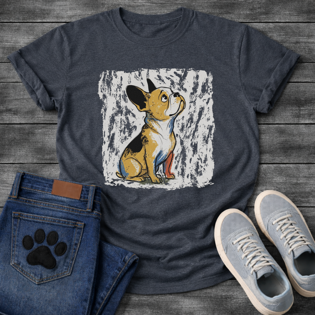 French Bulldog painterly sketch illustration with gold black and blue brush strokes on a textured grunge background tee
