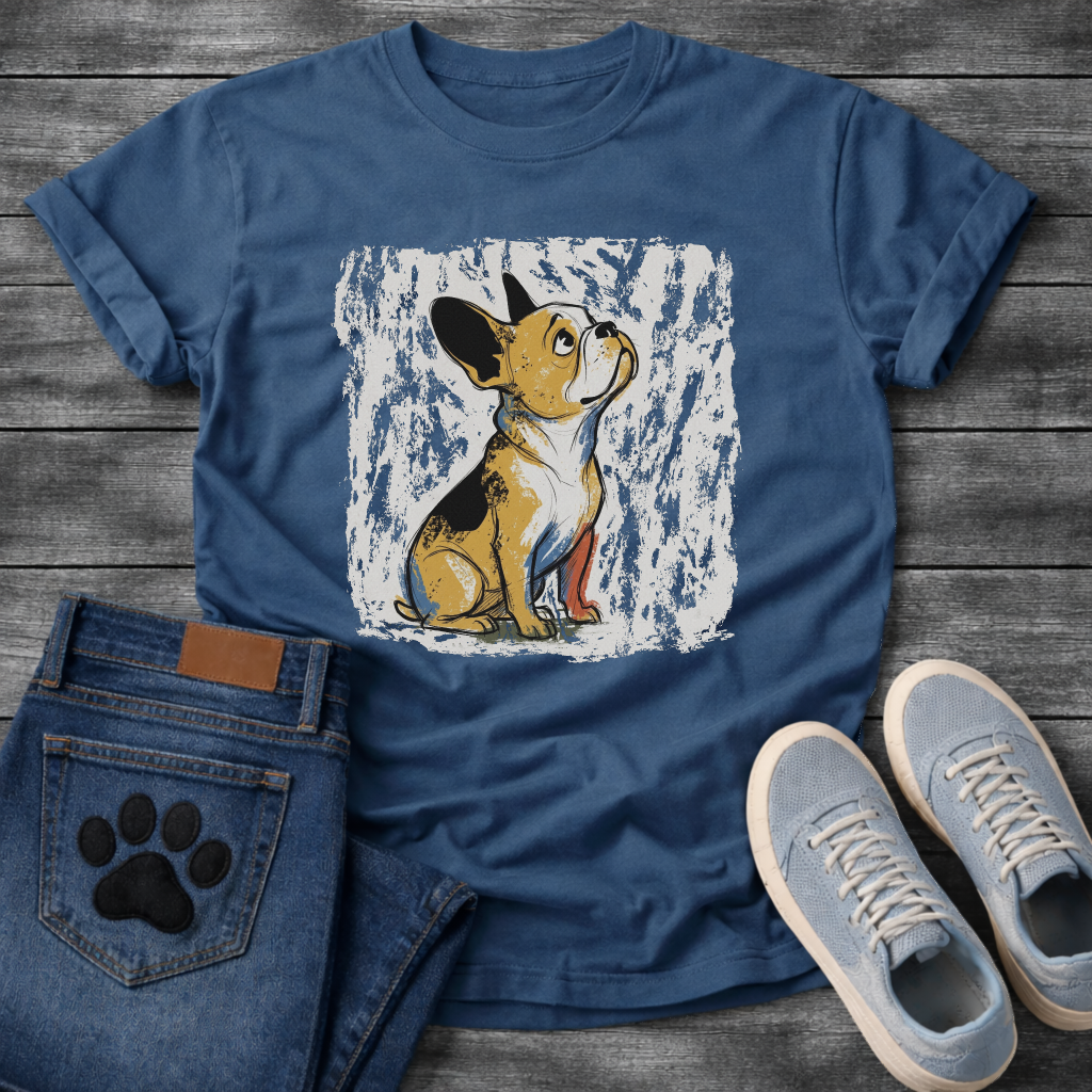 French Bulldog painterly sketch illustration with gold black and blue brush strokes on a textured grunge background tee
