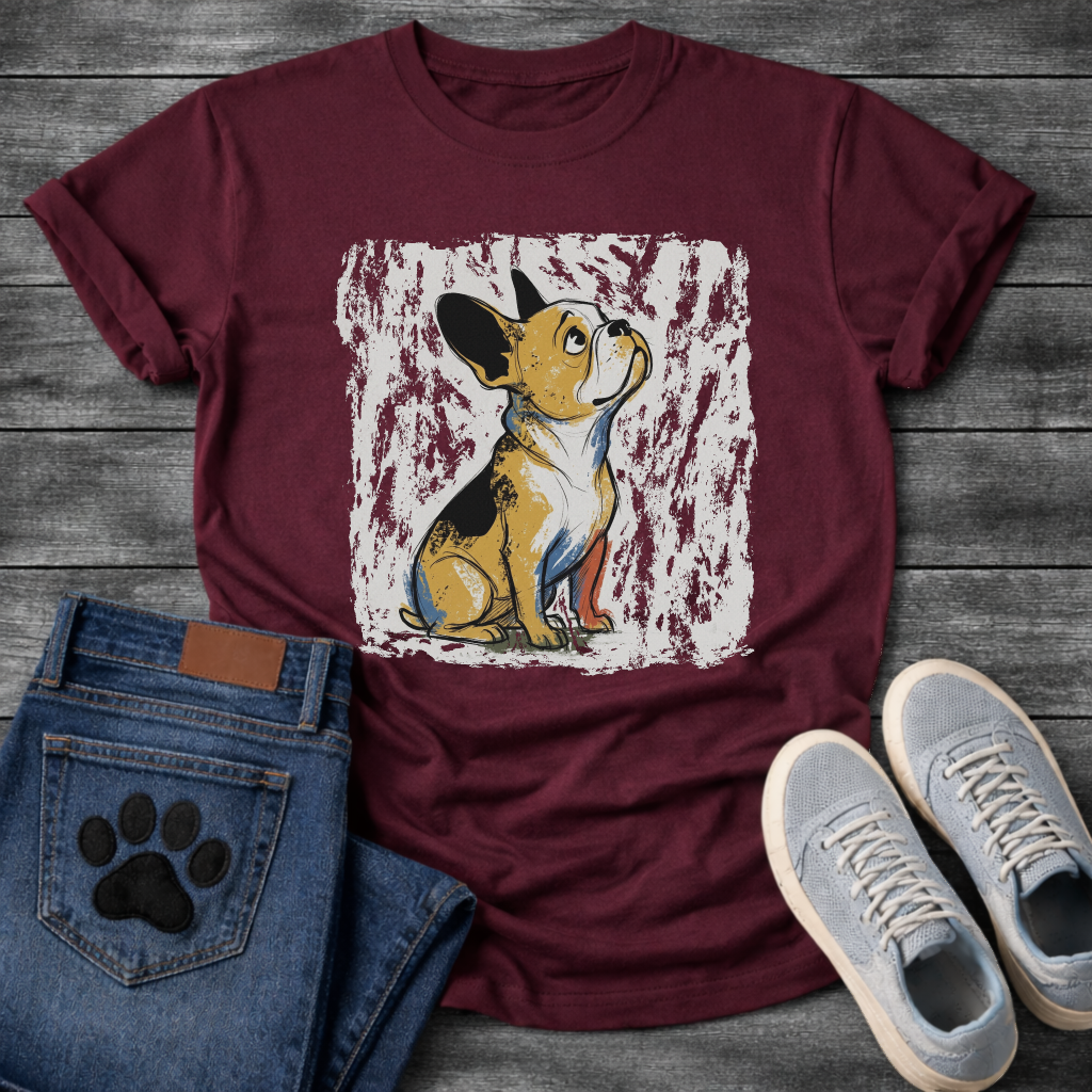 French Bulldog painterly sketch illustration with gold black and blue brush strokes on a textured grunge background tee
